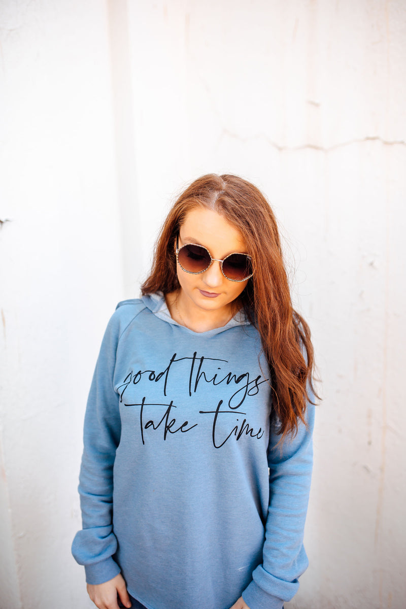 Good Things Take Time © Ladies Lightweight Fleece Sweatshirt (Misty Blue + Black)