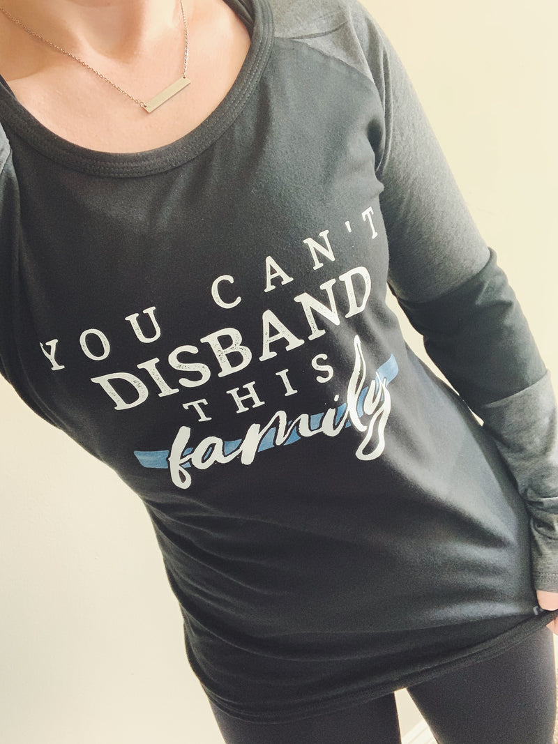 You Can't Disband This Family© Ladies Colorblock Baseball Tee (TBL + Graphine/Black)