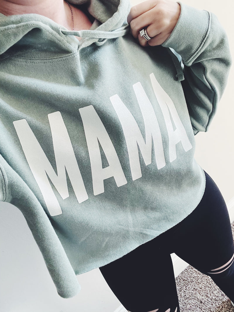 MAMA Bold © Ladies Cropped Hooded Sweatshirt (Sage + White)