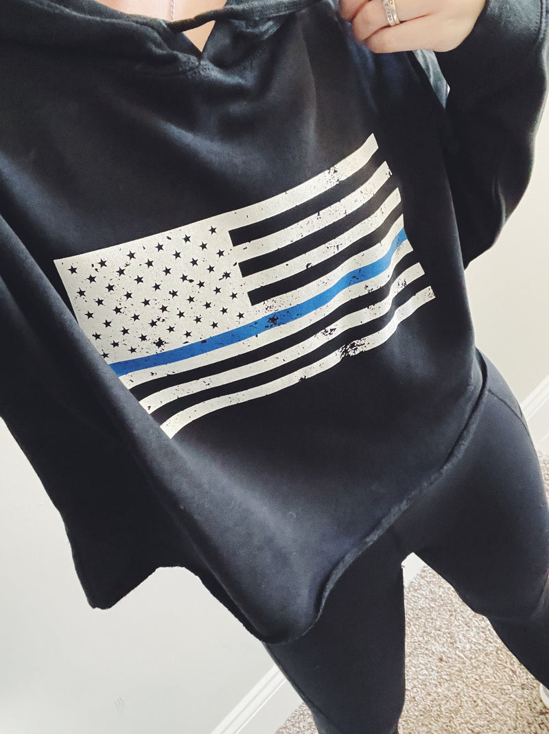 Distressed Standard Flag © Ladies Cropped Hooded Sweatshirt (Black + Select Your Line)
