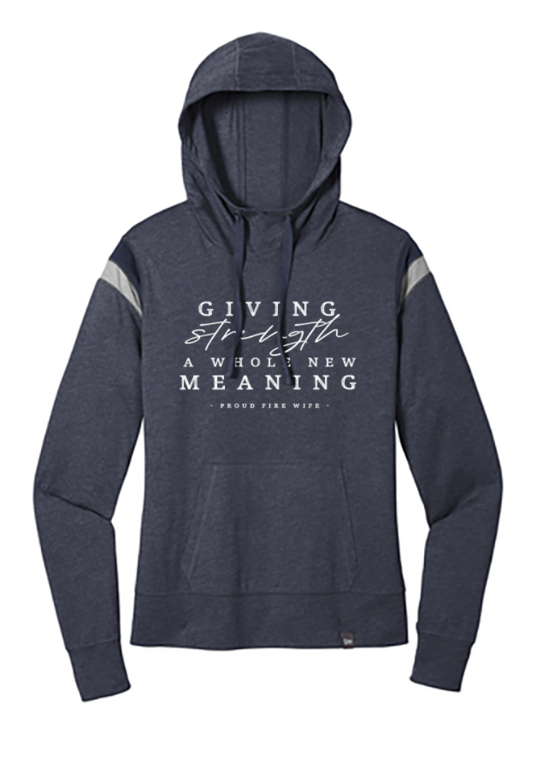 Giving Strength A Whole New Meaning © FIRE Ladies Varsity Hoodie (Heather Navy/Rainstorm + White)