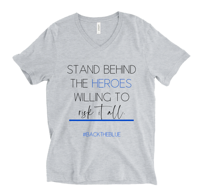 Stand Behind The Heroes Willing To Risk It All © Unisex V-Neck Top (Ash Gray + TBL)
