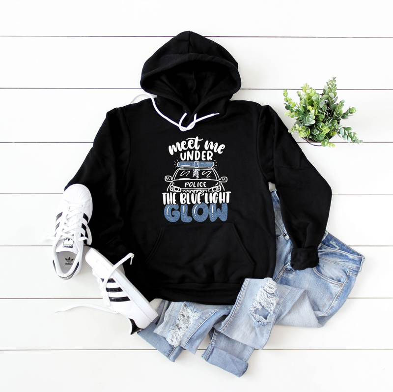Meet Me Under The Blue Light Glow © Unisex Pullover Hoodie (White + Blue Shimmer)
