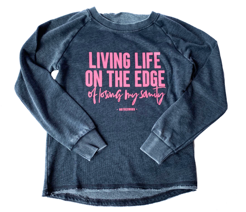 Living Life On The Edge Ladies French Terry Sweatshirt (Nickel Black + Coral)