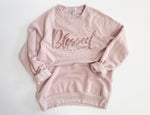 Blessed Script Crewneck Sweatshirt (Pastel Pink + Rose Gold Shimmer)