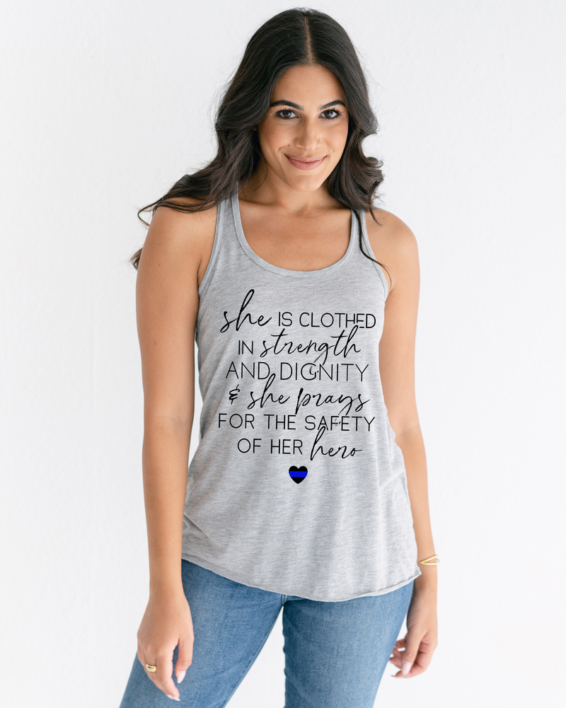 She Prays For The Safety Of Her Hero © Flowy Racerback Tank (Thin Blue Line)